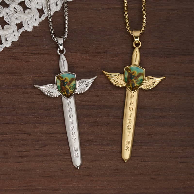 Christianartworkshop Collier croix épée ailée double face de Saint Michel, symbole d'élévation - image 1