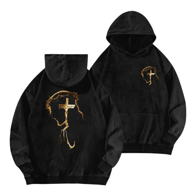 Christianartworkshop Sweat à capuche vintage noir délavé avec motif Couronne d'épines doré - Noir - 5XL - image 0