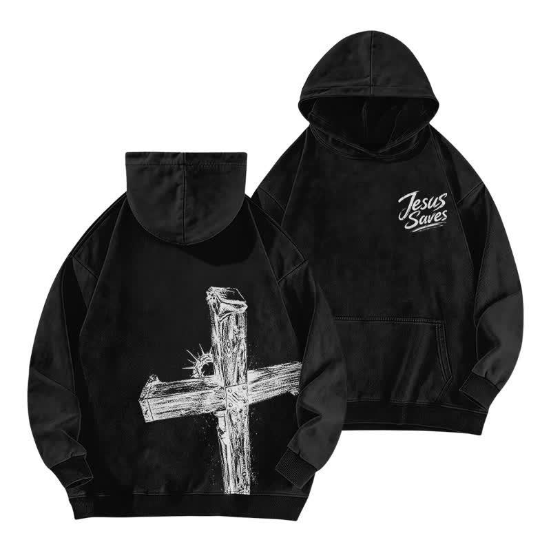 Christianartworkshop Sweat à capuche noir délavé avec croix vintage « Jésus sauve » - Noir - 5XL - image 0