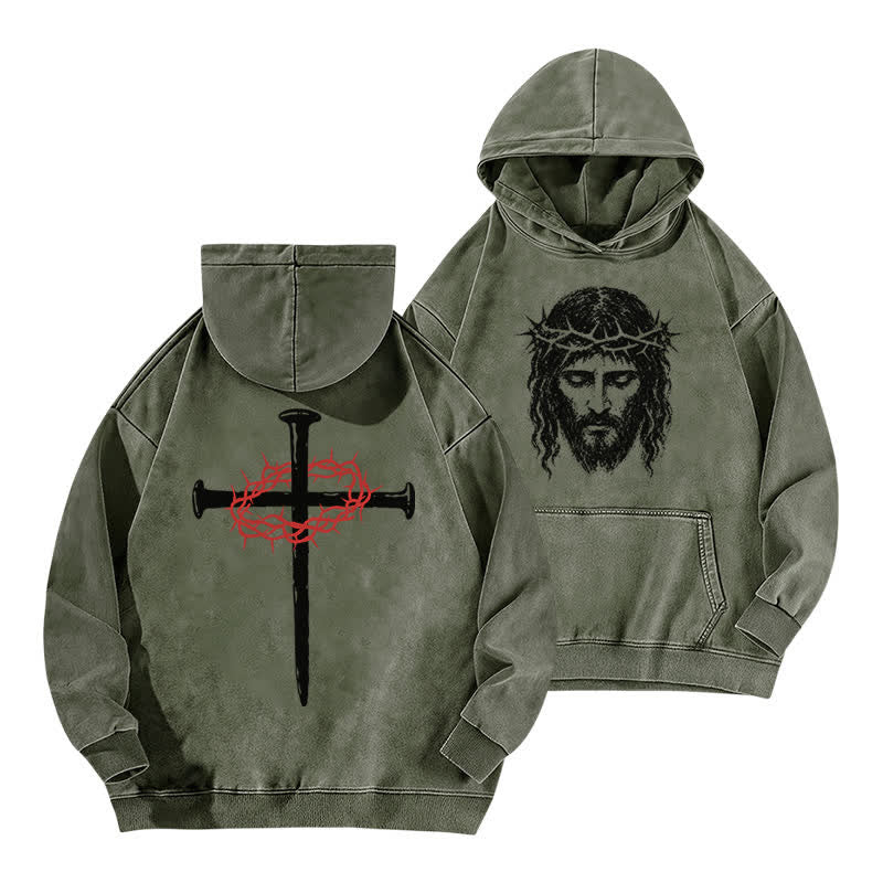 Christianartworkshop Sweat à capuche vintage Crown Of Thorns Cross Olive Washed - Vert armée - 5XL - image 0