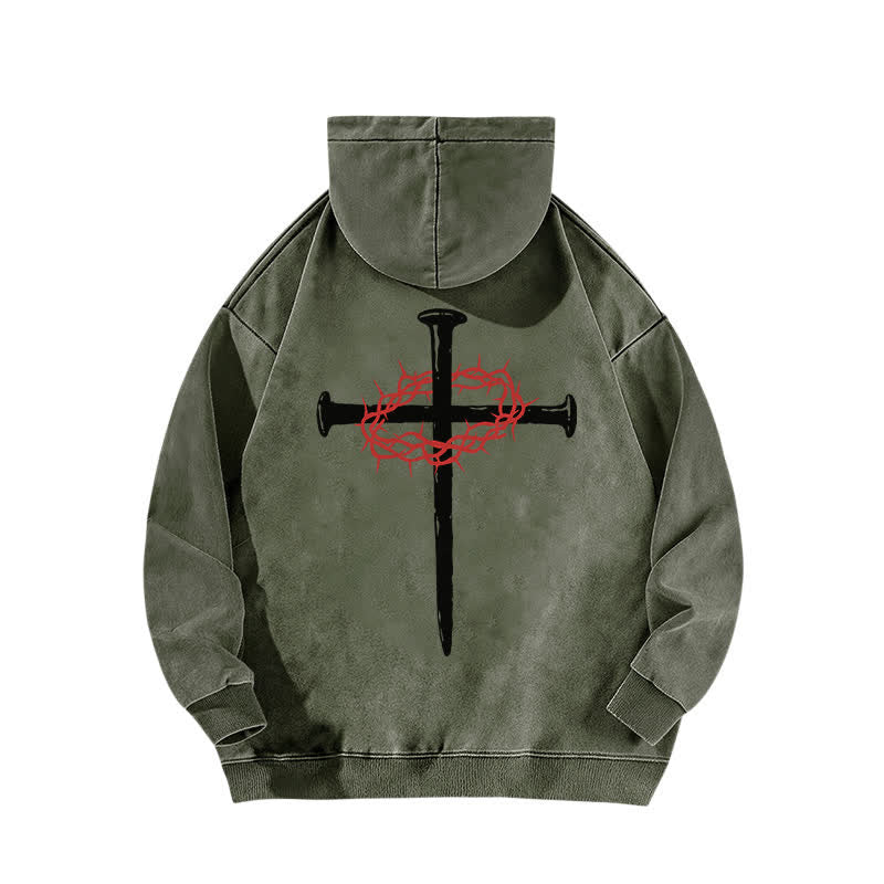 Christianartworkshop Sweat à capuche vintage Crown Of Thorns Cross Olive Washed - image 1