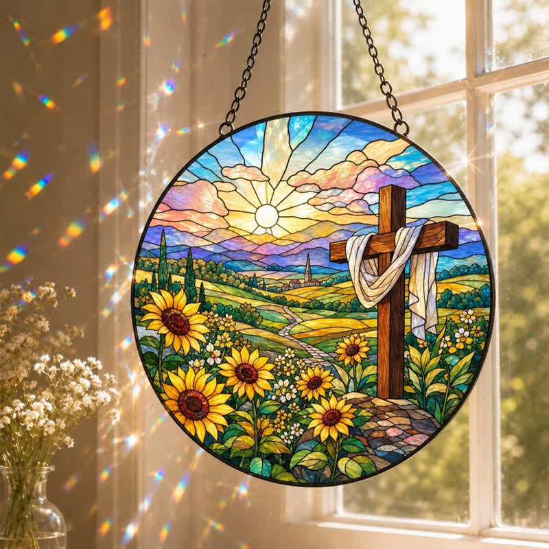 Christianartworkshop Attrape-soleil rond en verre avec croix de tournesol au lever du soleil : symbole de doux renouveau divin - image 0