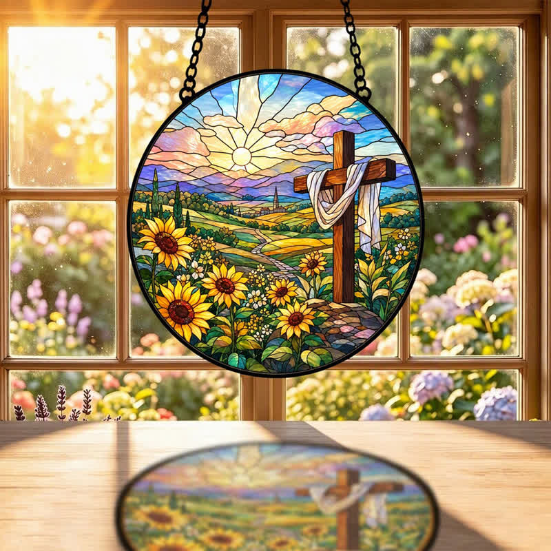 Christianartworkshop Attrape-soleil rond en verre avec croix de tournesol au lever du soleil : symbole de doux renouveau divin - image 1
