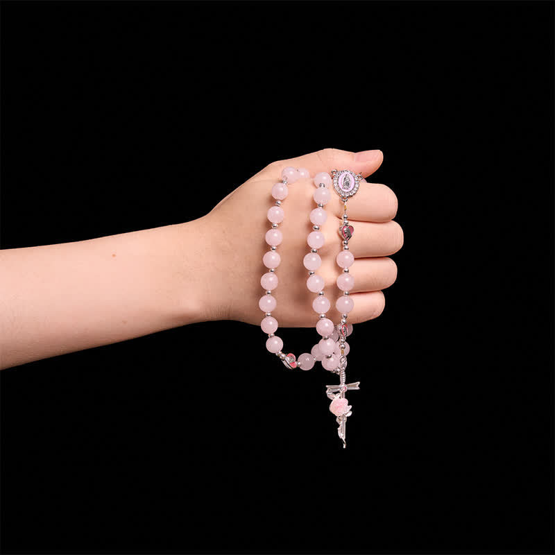 Christianartworkshop Chapelet en quartz rose poudré avec médaillon de Notre-Dame et croix de rose : symbole de tendre amour divin - image 1