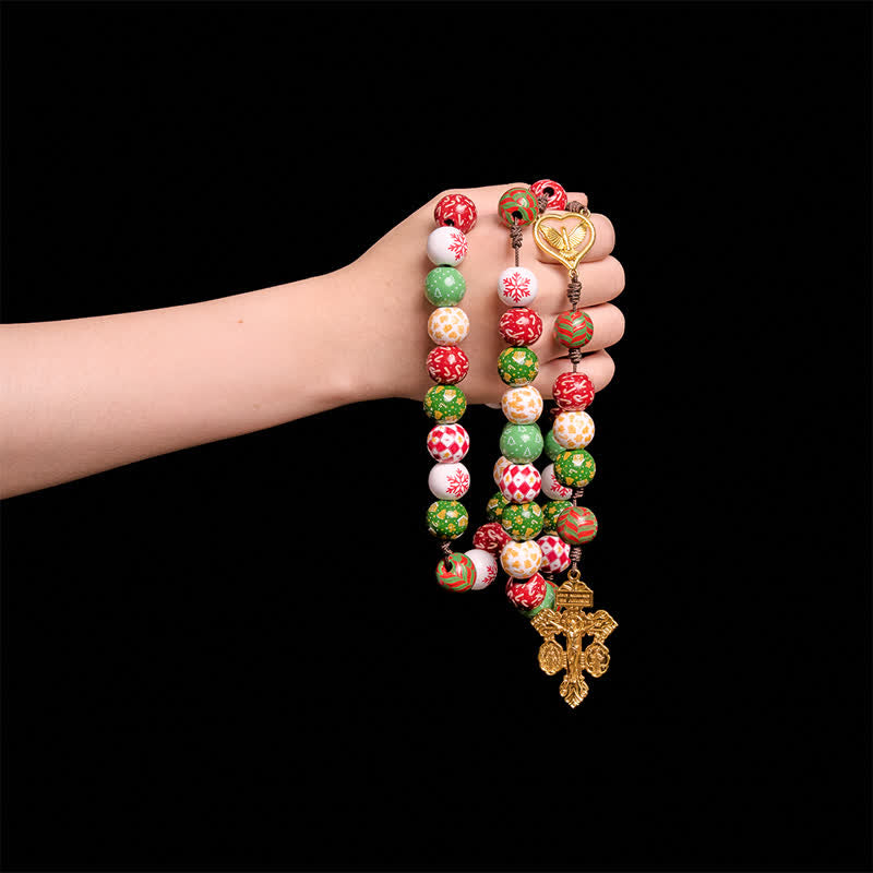 Christianartworkshop Chapelet de Noël festif en perles de bois avec médaille du Saint-Esprit et crucifix doré - image 1