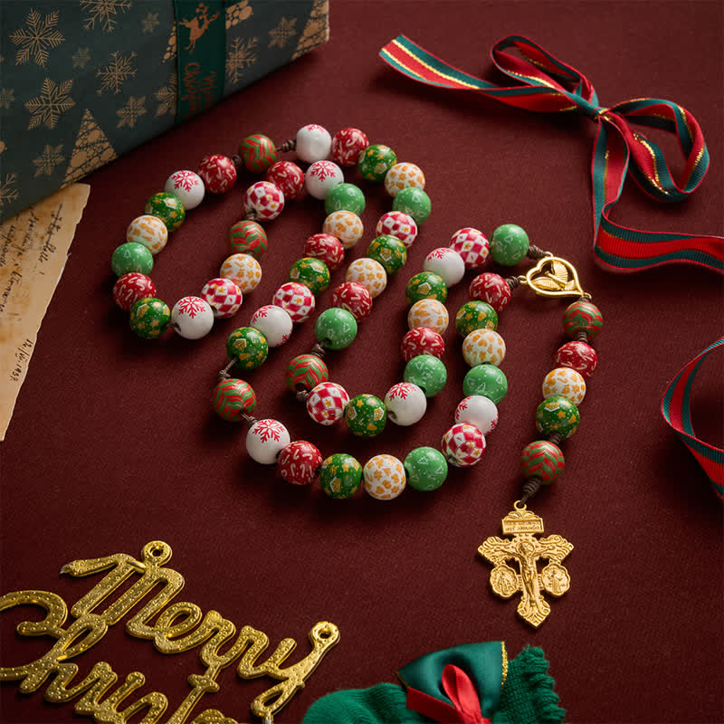 Christianartworkshop Chapelet de Noël festif en perles de bois avec médaille du Saint-Esprit et crucifix doré - Chapelet sur le thème de Noël - image 0
