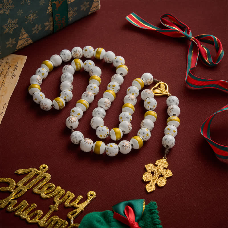 Christianartworkshop Chapelet en bois blanc et doré à motif flocon de neige et étoile, avec médaille du Saint-Esprit et crucifix doré - Chapelet sur le thème de Noël - image 0