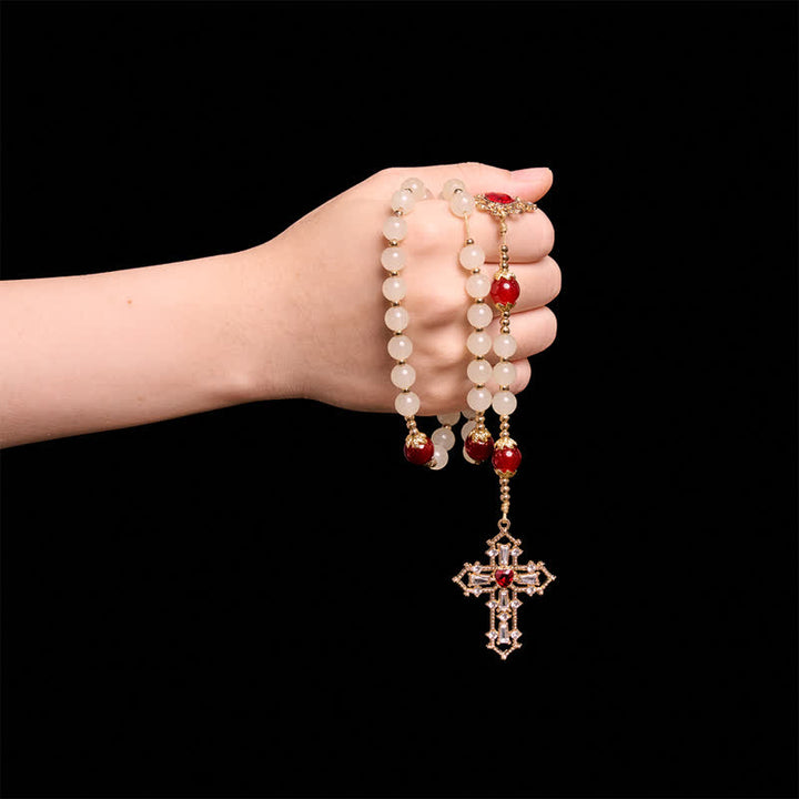 Christianartworkshop Chapelet en perles de verre crème avec perles rouges rubis, médaille du Sacré-Cœur et crucifix orné de pierres précieuses - image 1