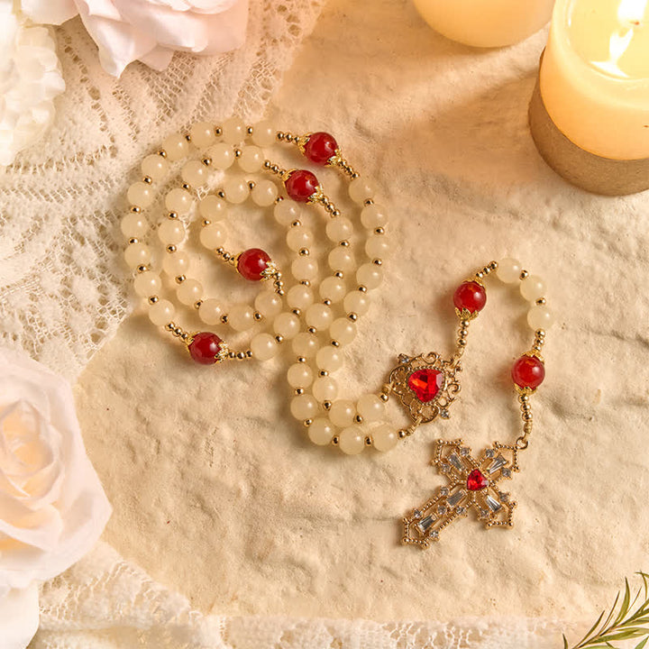 Christianartworkshop Chapelet en perles de verre crème avec perles rouges rubis, médaille du Sacré-Cœur et crucifix orné de pierres précieuses - image 3