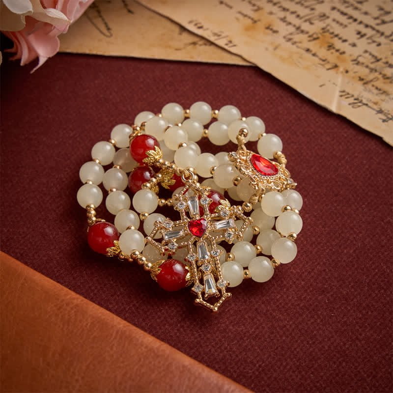 Christianartworkshop Chapelet en perles de verre crème avec perles rouges rubis, médaille du Sacré-Cœur et crucifix orné de pierres précieuses - image 5