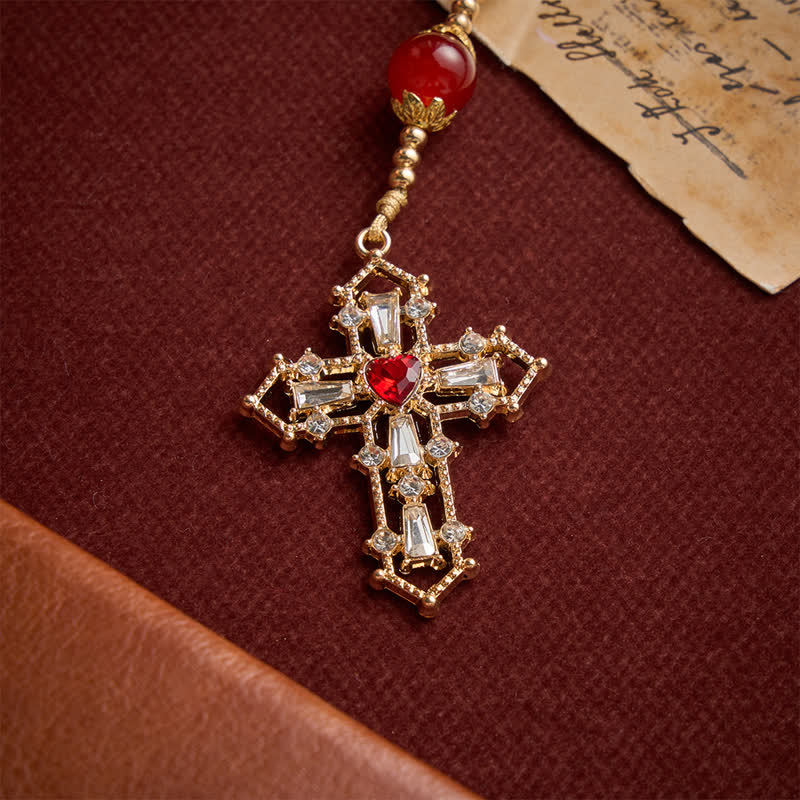 Christianartworkshop Chapelet en perles de verre crème avec perles rouges rubis, médaille du Sacré-Cœur et crucifix orné de pierres précieuses - image 8