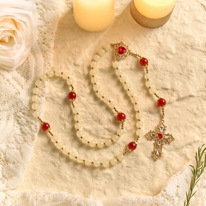 Christianartworkshop Chapelet en perles de verre crème avec perles rouges rubis, médaille du Sacré-Cœur et crucifix orné de pierres précieuses - Chapelet jaune pâle et rouge agate - image 0