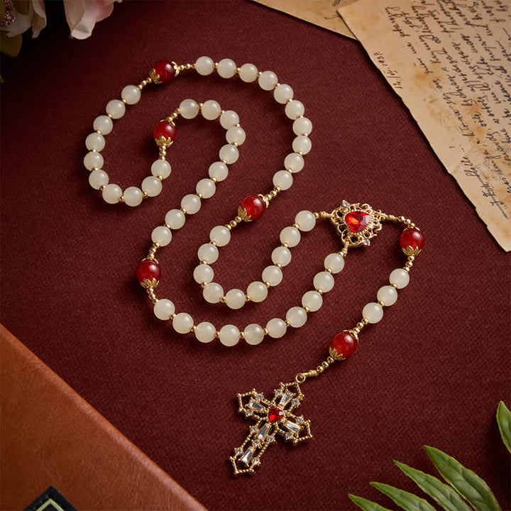 Christianartworkshop Chapelet en perles de verre crème avec perles rouges rubis, médaille du Sacré-Cœur et crucifix orné de pierres précieuses - image 4