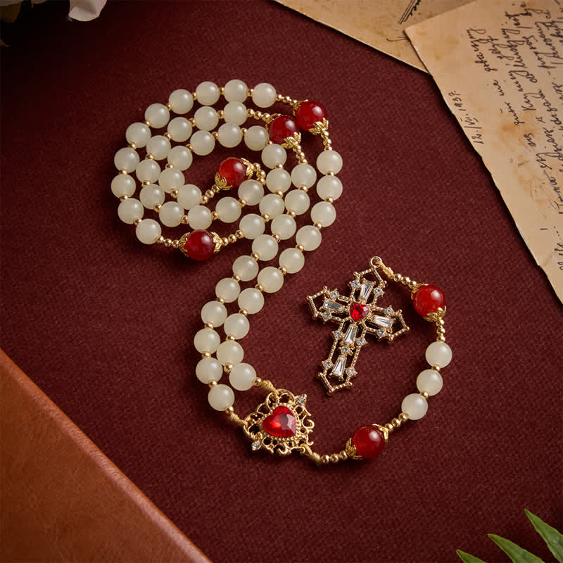 Christianartworkshop Chapelet en perles de verre crème avec perles rouges rubis, médaille du Sacré-Cœur et crucifix orné de pierres précieuses - image 2