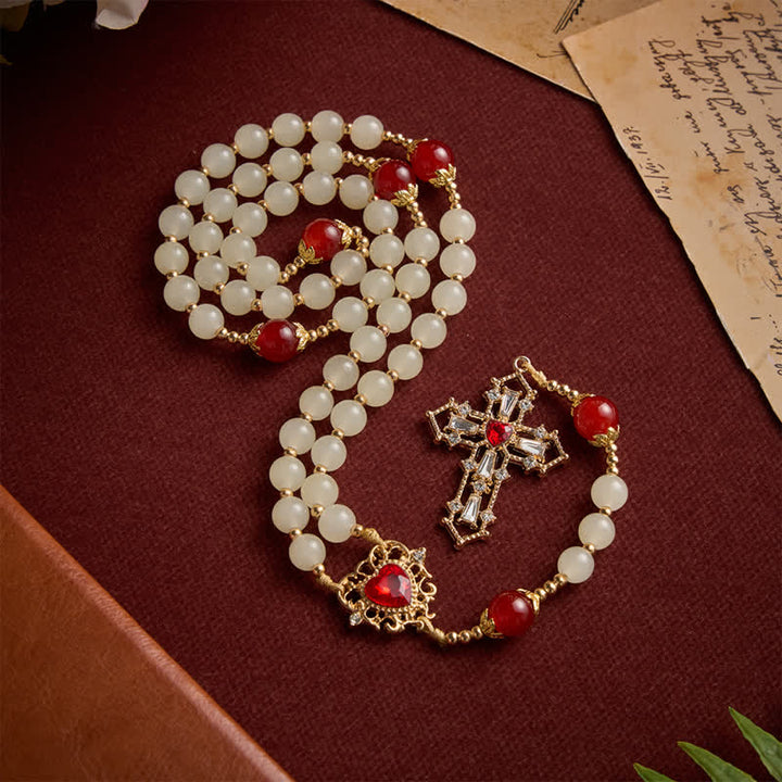 Christianartworkshop Chapelet en perles de verre crème avec perles rouges rubis, médaille du Sacré-Cœur et crucifix orné de pierres précieuses - image 2