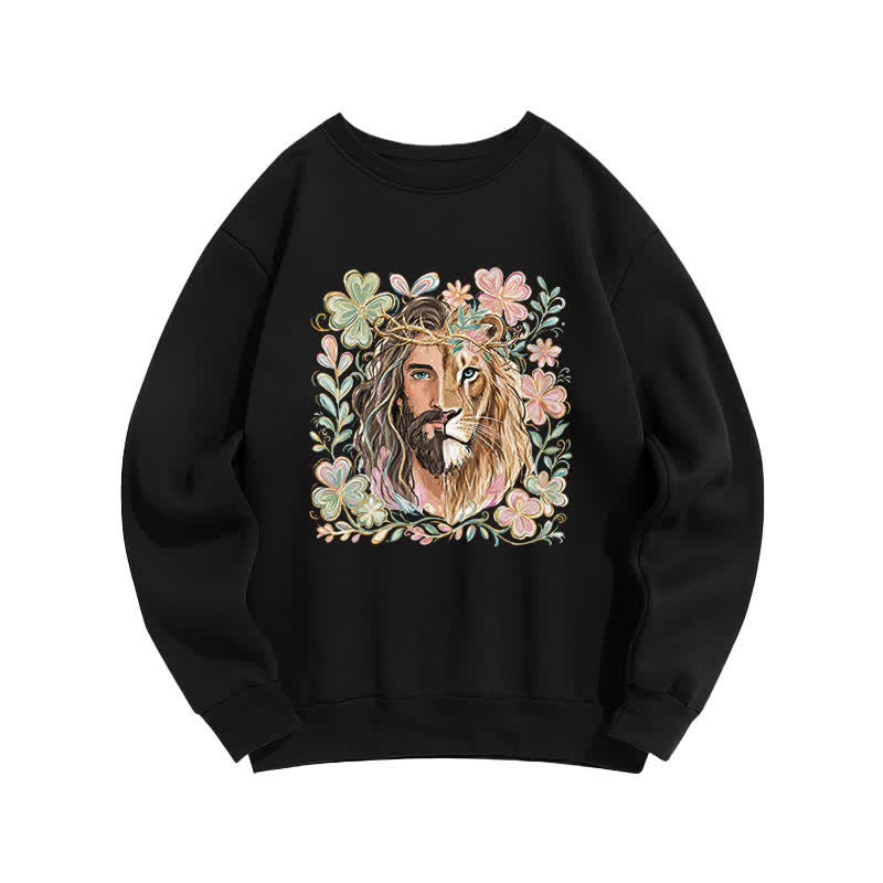 Christianartworkshop Sweat-shirt à col rond Lion de Juda à motif floral - Noir - 2XL - image 3